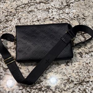 SOLD- Black Embossed Monogrammed Crossbody Bag